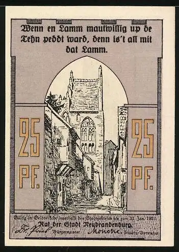 Notgeld Neubrandenburg 1921, 25 Pfennig, Strassenpartie und Kirche
