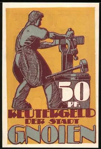 Notgeld Gnoien 1922, 50 Pfennig, Ortsansicht und Arbeiter mit Werkzeug