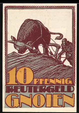 Notgeld Gnoien 1922, 10 Pfennig, Ackerbau und Ortssilhouette