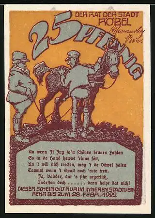 Notgeld Röbel 1922, 25 Pfennig, Windmühle und Ackerbau