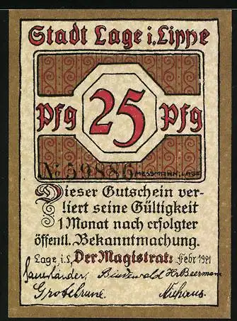 Notgeld Lage i. Lippe 1921, 25 Pfennig, Arbeiter in der Ziegelei