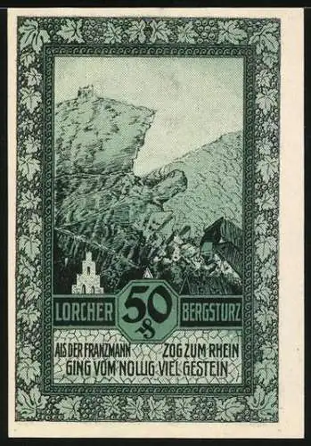Notgeld Lorch im Rheingau 1921, 50 Pfennig, Ort am Rhein und Lorcher Bergsturz
