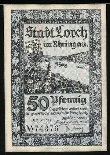 Notgeld Lorch im Rheingau 1921, 50 Pfennig, Ortsansicht und Freistaat Flaschenhals