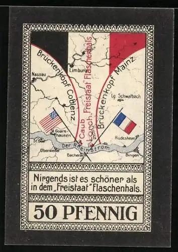 Notgeld Lorch im Rheingau 1921, 50 Pfennig, Freistaat Flaschenhals und Ortsansicht