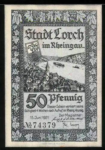 Notgeld Lorch im Rheingau 1921, 50 Pfennig, Freistaat Flaschenhals und Ortsansicht am Rhein