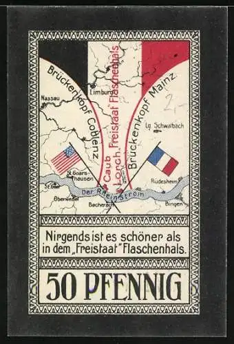 Notgeld Lorch im Rheingau 1921, 50 Pfennig, Freistaat Flaschenhals und Ortsansicht am Rhein