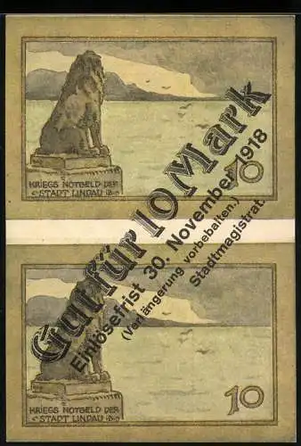 Notgeld Lindau i. B. 1918, 10 Mark, Löwenstatue am See und Segelboot in Fahrt