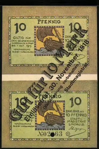 Notgeld Lindau i. B. 1918, 10 Mark, Löwenstatue am See und Segelboot in Fahrt