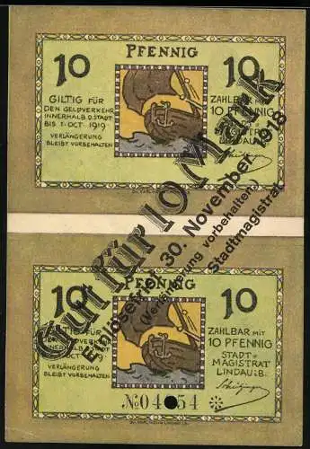 Notgeld Lindau i. B. 1918, 10 Mark, Segelboot in Fahrt und Löwenstatue am See