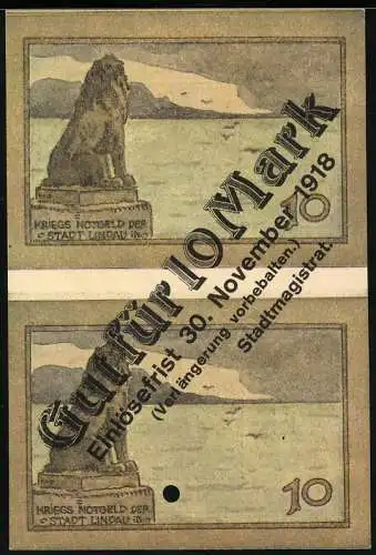 Notgeld Lindau i. B. 1918, 10 Mark, Löwenstatue am See und Segelboot in Fahrt