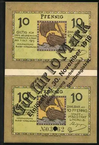 Notgeld Lindau i. B. 1918, 10 Mark, Löwenstatue am See und Segelboot in Fahrt