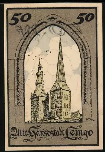 Notgeld Lemgo 1921, 50 Pfennig, Blick auf die Kirchtürme