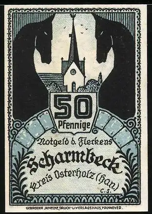 Notgeld Scharmbeck 1920, 50 Pfennig, Kirche, Stadtwappen