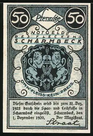 Notgeld Scharmbeck 1920, 50 Pfennig, Kirche, Stadtwappen