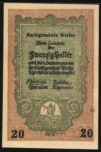 Notgeld Werfen, 20 Heller, Ortspartie mit Kirche