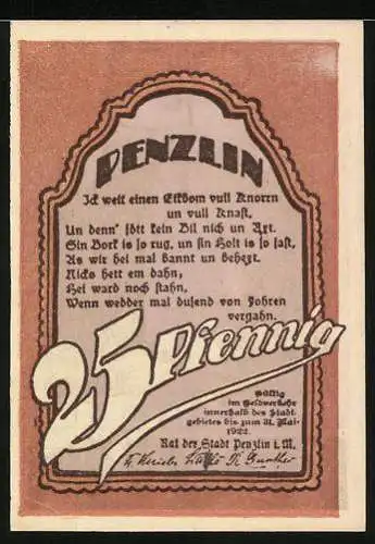 Notgeld Penzlin 1922, 25 Pfennig, Kirche