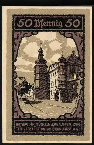 Notgeld Mücheln 1921, 50 Pfennig, Rathaus, Sigil der Stadt