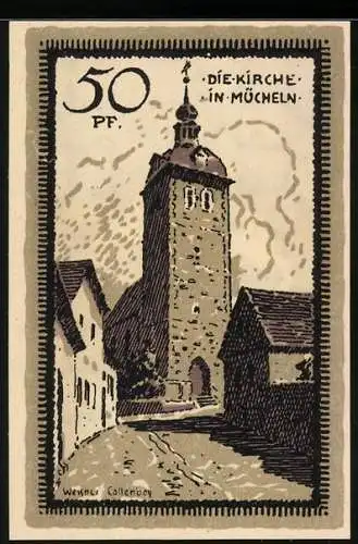 Notgeld Mücheln 1921, 50 Pfennig, Sigil der Stadt, Kirche