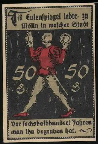 Notgeld Mölln i. Lbg. 1921, 50 Pfennig, Till Eulenspiegel mit Eule, Stadtwappen