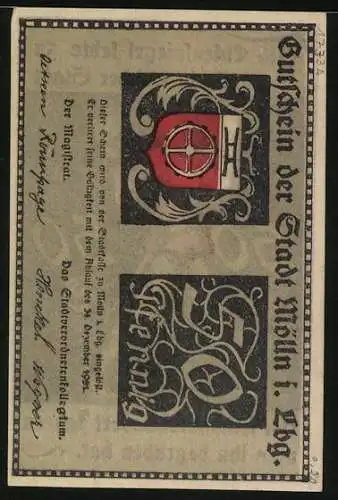 Notgeld Mölln i. Lbg. 1921, 50 Pfennig, Till Eulenspiegel mit Eule, Stadtwappen