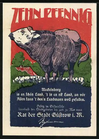 Notgeld Güstrow 1922, 10 Pfennig, Kirche, Bulle