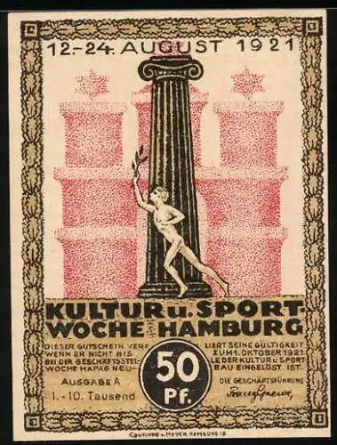 Notgeld Hamburg 1921, 50 Pfennig, Kultur u. Sport Woche, Turner vor Säule, Dampfer