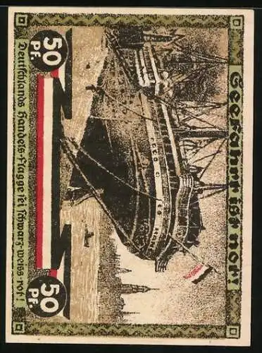 Notgeld Hamburg 1921, 50 Pfennig, Kultur u. Sport Woche, Turner vor Säule, Dampfer