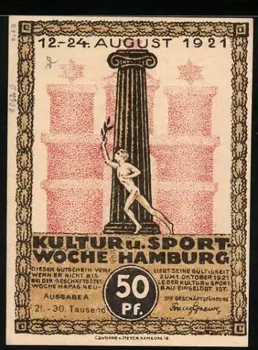 Notgeld Hamburg 1921, 50 Pfennig, Kultur u. Sportwoche, Dampfer mit deutscher Handelsflagge