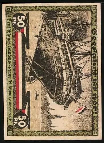 Notgeld Hamburg 1921, 50 Pfennig, Kultur u. Sportwoche, Dampfer mit deutscher Handelsflagge