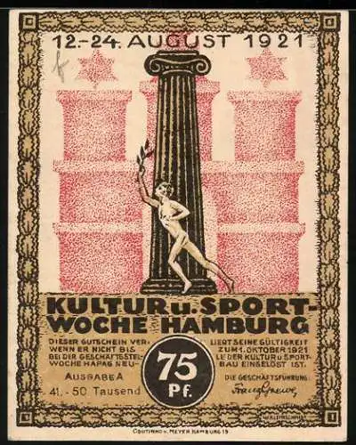 Notgeld Hamburg 1921, 75 Pfennig, Kultur u. Sportwoche, Statue, Kirche