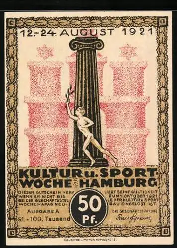Notgeld Hamburg 1921, 50 Pfennig, Kultur u. Sportwoche, Dampfer mit Handelsflagge