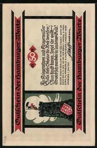 Notgeld Hamburg, Hamburger Warte 1921, 50 Pfennig, Gekreuzigter an einem Schwert, Warte