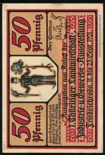 Notgeld Friedrichroda 1921, 50 Pfennig, 1. THüringer Landwirtschaft- Industrie- u. Gewerbe-Ausstellung, Rathaus