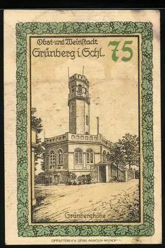 Notgeld Grünberg i. Schl. 1921, 75 Pfennig, Grünberghöhe, Stadtwappen