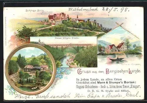 Lithographie Müngsten, Kaiser Wilhelm Brücke, Schloss Burg