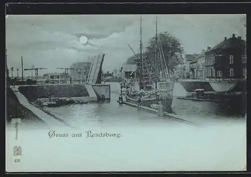 Mondschein-AK Rendsburg, Hafen mit Zugbrücke