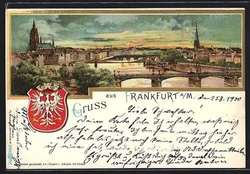 Lithographie Frankfurt a. M., Panorama mit Brücken, Stadtwappen