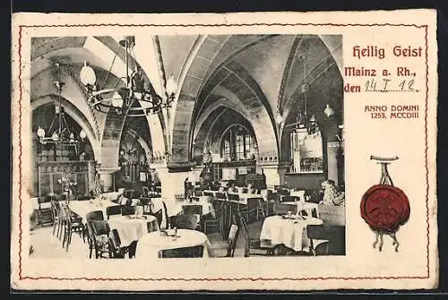 Künstler-AK Mainz a. Rh., Gasthaus Heilig Geist, Innenansicht, Siegel