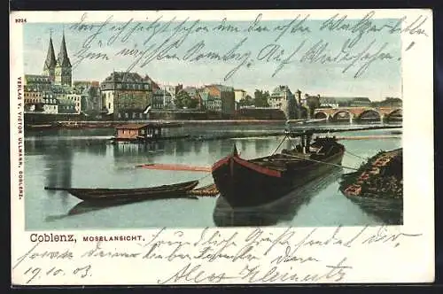 AK Koblenz, Moselansicht mit Brücke, vertäutes Frachtschiff