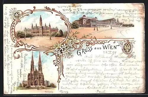 Lithographie Wien, Parlament, Rathaus, Votivkirche