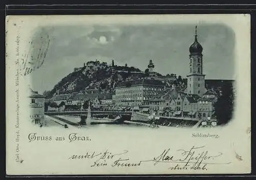 Mondschein-AK Graz, Schlossberg und Brücke