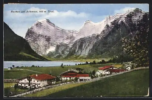 AK Buchau am Achensee, Ortsansicht mit Bergen