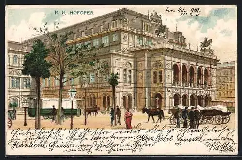 Lithographie Wien I, Hof-Oper, Pferdekutschen