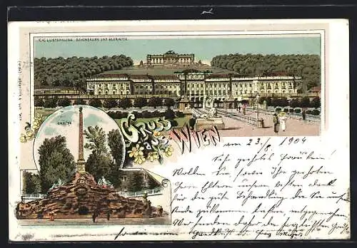 Lithographie Wien, KK Lustschloss Schönbrunn und Gloriette
