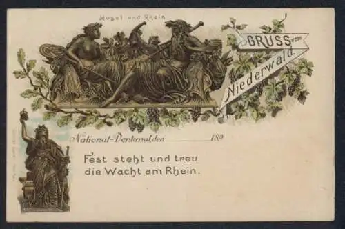 Lithographie Niederwald, National-Denkmal, Mogel und Rhein