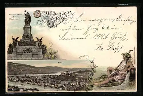 Lithographie Bingen / Rhein, Panorama, Nationaldenkmal auf dem Niederwald, Neptun