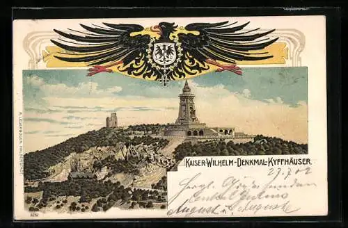 Lithographie Kyffhäuser, Panorama mit Kaiser Wilhelm-Denkmal, Preussischer Adler