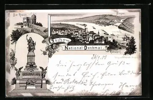 Lithographie Rüdesheim am Rhein, Gesamtansicht mit Blick nach Bingen, die Rossel