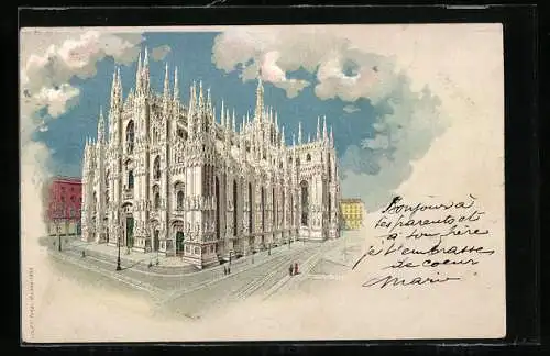 Lithographie Mailand, Blick auf den Mailänder Dom