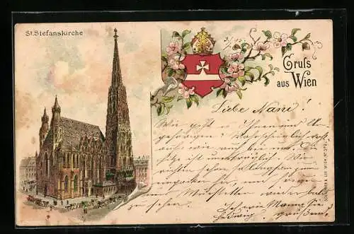Vorläufer-Lithographie Wien, 1895, St. Stefanskirche, Stadtwappen